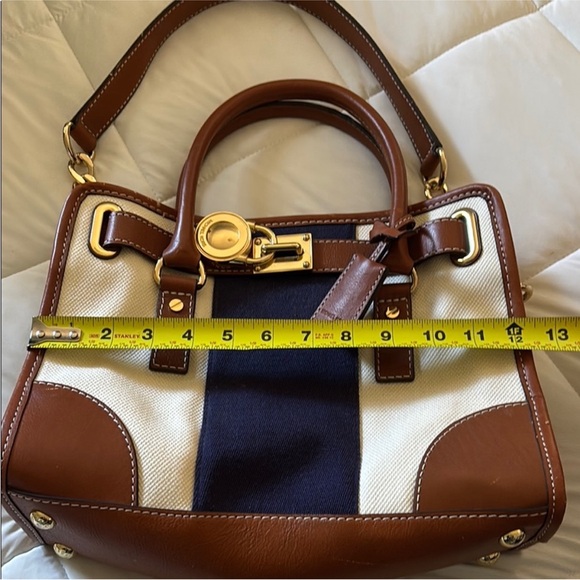 Michael Kors Hamilton Mono Stripe Canvas/Leather Satchel, Blue /White/ Brown - Picture 9 of 10